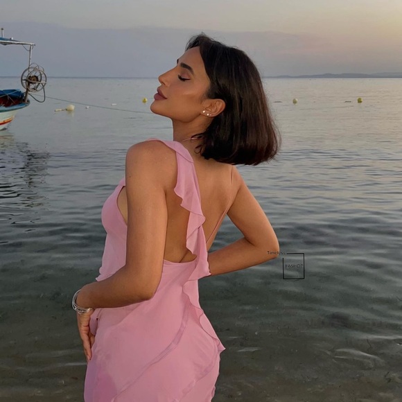 RARE MANGO RUFFLES SLIT DRESS PASTEL PINK - Picture 7 of 9